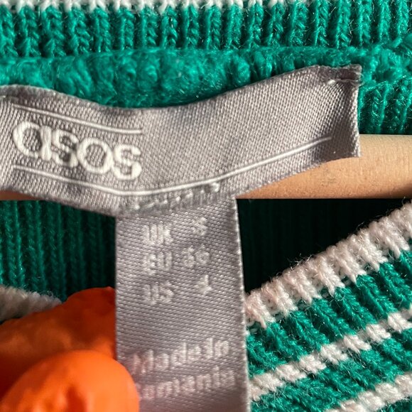 ASOS Green Striped Cropped V-Neck Sweater | Size Small | Acrylic Knit - Picture 2 of 3